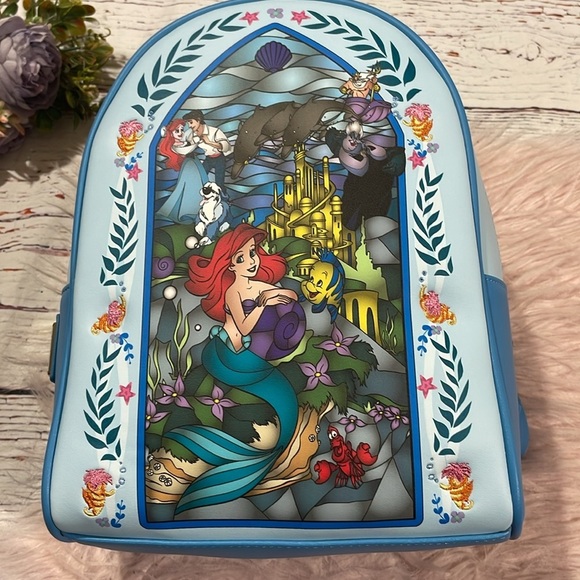 NWT Loungefly Little Mermaid Disney Stained Glass Mini Backpack - Picture 3 of 12